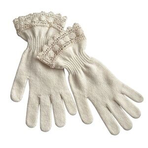 PARKHURST Angora-Lambswool Knit Gloves w/ Crochet Lace Cuff Ivory Made in Canada